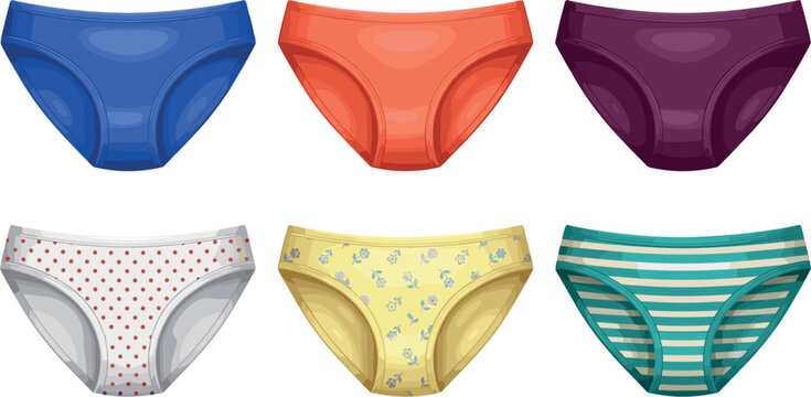 Colorful Women Lingerie Briefs Set Featuring Solid Colors Polka Dot Floral Pattern and Striped Cotton Panties Icons for Underwear Fashion Designs