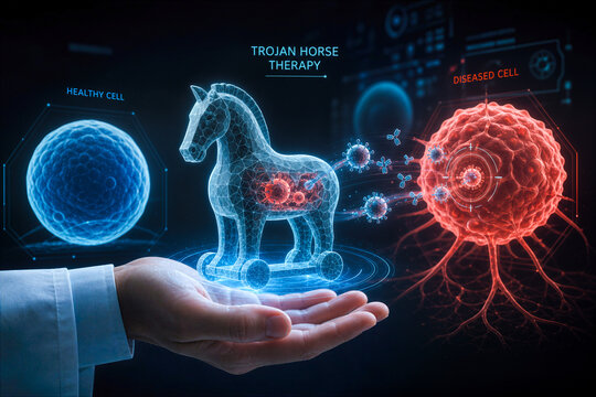 Trojan Horse therapy concept showing hand presenting engineered viral nanoparticle delivery system targeting diseased cell while sparing healthy cell precision medicine immunotherapy