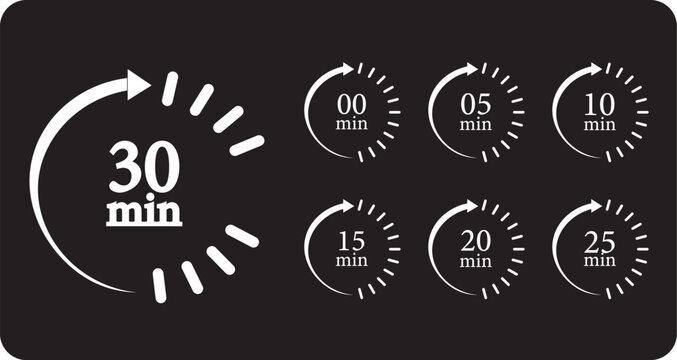 Black countdown timer icon set featuring 0, 5, 10, 15, 20, 25, and 30 minute circular arrow symbols,  back  ground  and colarful timer