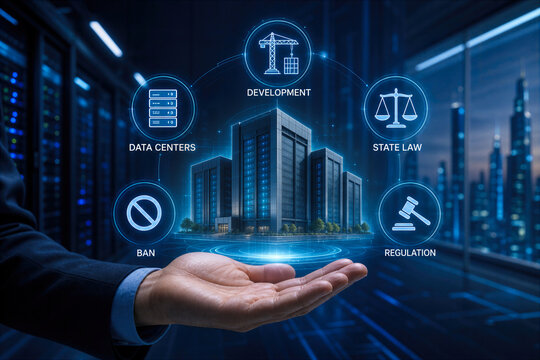 Data centers building development state law ban regulation concept with hand presenting futuristic tech environment compliance governance infrastructure policy