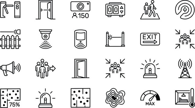 Vector line icon set of smart stadium security infrastructure public safety compliance emergency tracking and crowd management dashboard widgets
