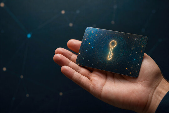 Hand presenting futuristic digital passport card with holographic blockchain pattern glowing cryptographic key symbol for self-sovereign identity and decentralized identity ownership