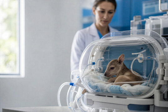 Artificial gestation ectogenesis for wildlife conservation with critically endangered mammal newborn in transparent artificial womb pod observed by conservation biologist in modern laboratory