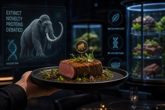 Extinct Novelty Proteins Debated lab-grown woolly mammoth cultured meat served at luxury restaurant with ancient DNA de-extinction biotechnology food ethics debate future cuisine presentation