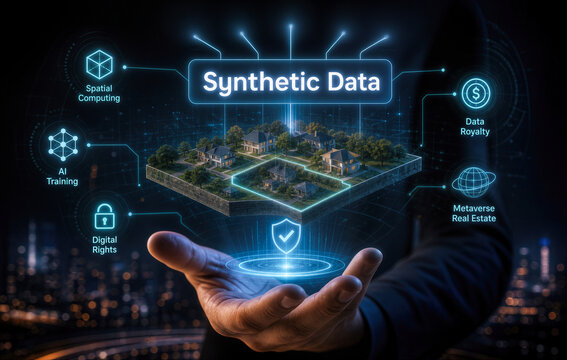 Synthetic Data real estate royalties spatial computing AI training digital rights metaverse real estate data royalty hand presenting city scan royalty payments tech giants