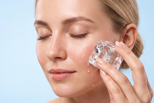 Young woman using an ice cube for refreshing her facial skin care