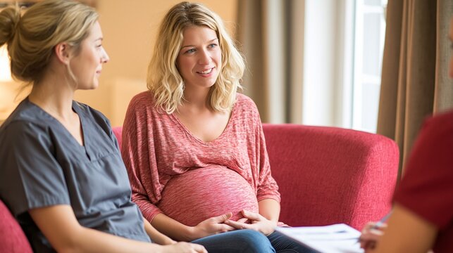 A pregnant woman and midwife discussing a birth plan in a warm antenatal clinic, calm family-support mood, soft natural light, intimate three-quarter composition.