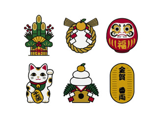 Fototapeta premium Six traditional Japanese good luck charms and New Year decorations, including Kadomatsu, Daruma, Maneki-neko, and Kagami Mochi.