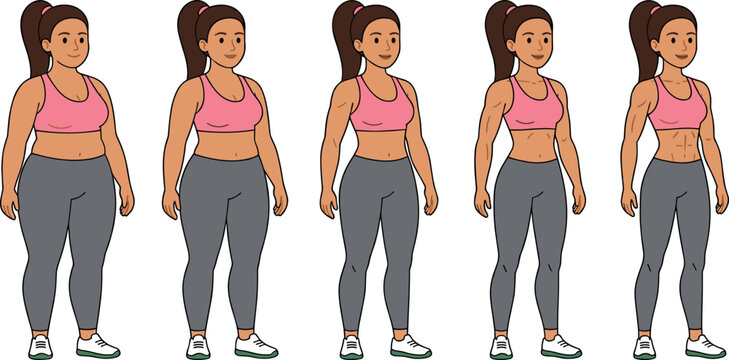 Woman Body Transformation Stages Character Set Showing Weight Loss and Muscle Gain Progress for Fitness and Diet Graphic Designs