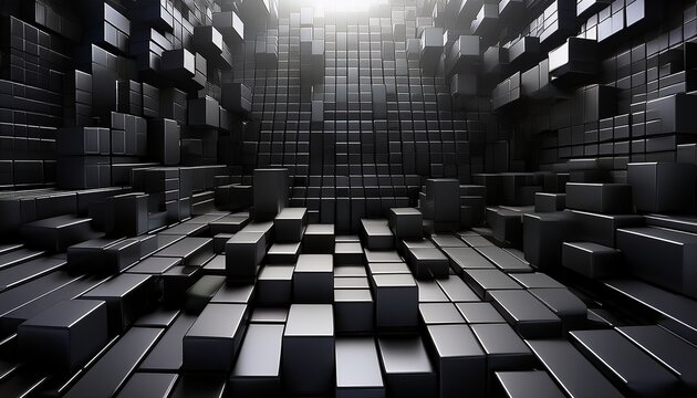 the image presents a densely packed array of black cubes each varying in size and shape creating a complex and intricate pattern the cubes are arranged in a grid like