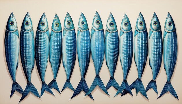 artistic depiction of blue striped sardines fish arranged in a row against a light background showcasing a nautical theme coastal poster