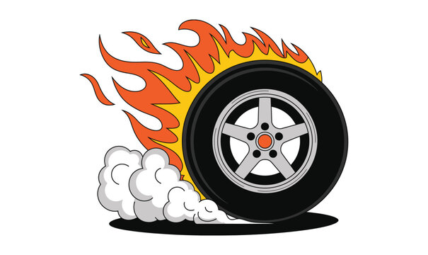 Burning car tire wheel with fire flames and smoke vector illustration for racing logo design