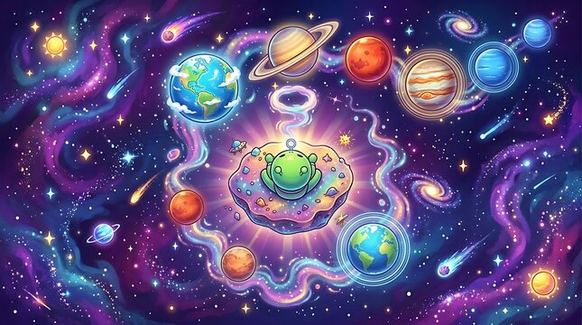 Abstract cosmic nebula with vibrant swirling colors.