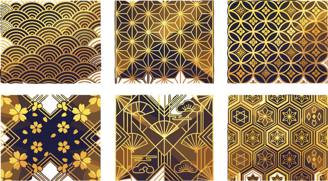 Traditional Japanese Seamless Pattern Vector Collection Featuring Metallic Gold Foil Seigaiha Waves Sakura Blossoms Asanoha and Geometric Luxury Backgrounds for Luxury Branding