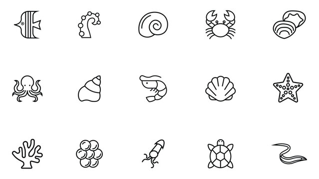 Collection of sea food line icons. Contains jellyfish, lobster, squid, crab, tuna, oyster, octopus, salmon and more. Marine cuisine symbols in black line style. Vector Illustration.