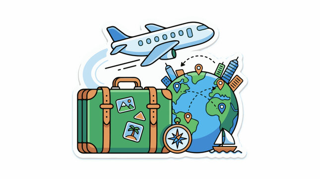 A green suitcase globe airplane compass and sailboat represent global travel