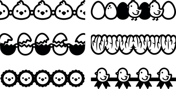 Easter chicks eggs and leaves decorative borders