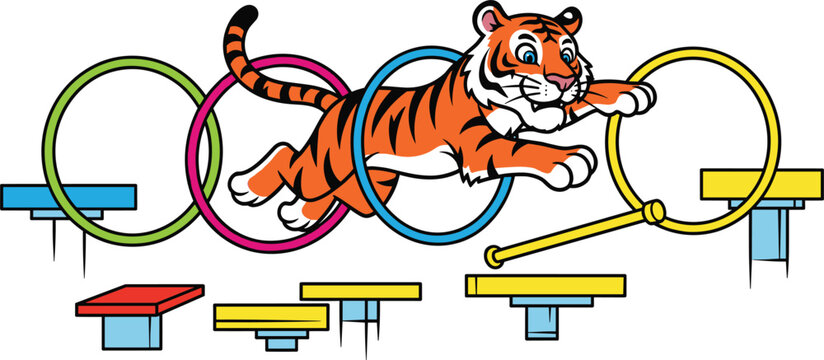 Circus Tiger Jumping Through Colorful Hoops with Stand Platforms for Animal Performance Show Vector Design