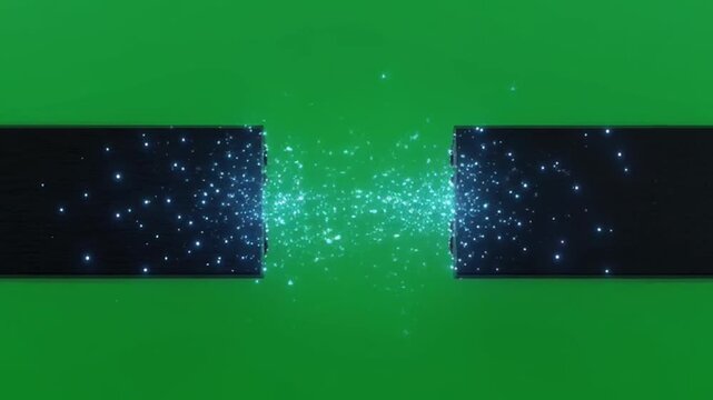 Glowing energy particles emitting between two black blocks on green screen background.