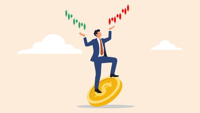 Illustration of a businessman balancing on a coin with chart lines representing market trends