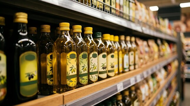 Selection of premium olive oil bottles on a grocery store shelf in a supermarket aisle