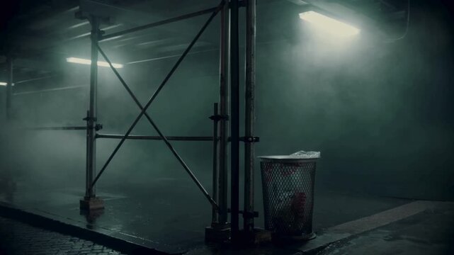 Steam rising from wet pavement in dimly lit urban underpass