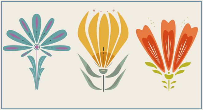 A set of hand-drawn flowers isolated on a light background; vintage flowers for backgrounds, coloring books, and patterns.