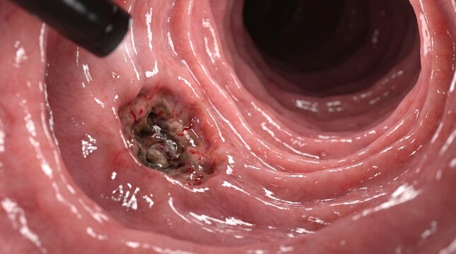 Endoscopic Diagnostic View of a Bleeding Black Gastric Ulcer Lesion
