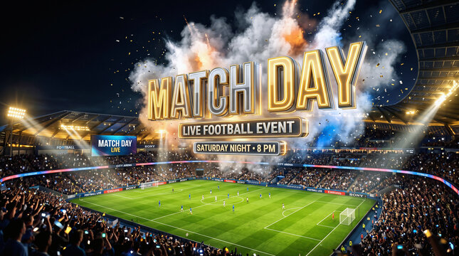 Exciting live football match in a packed stadium on match day with fireworks and cheering crowd