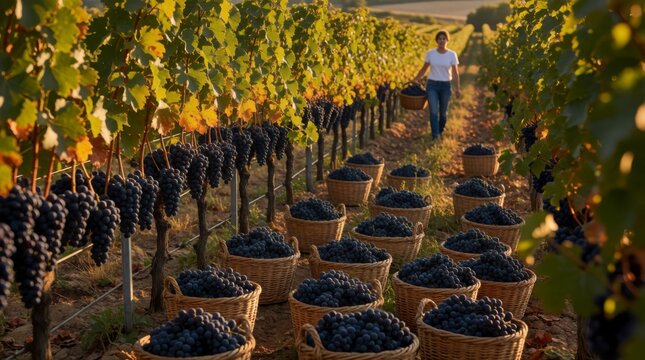 Woman Harvesting Grapes in Vineyard, Concept of Abundance