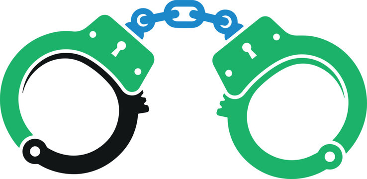 Handcuff graphic vector art piece displaying metallic restraints with chain link design for legal justice concept or law enforcement themed creative project visual asset and security symbol graphic.