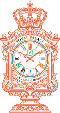 Royal palace clock graphic vector illustration with ornate decorative frame and roman numeral face for luxury decor project or historic architecture branding design element asset concept visual.
