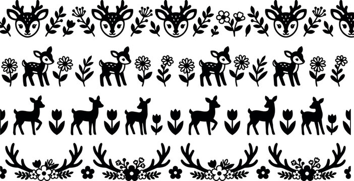 Black and white vector art with deer faces flowers and antlers seamless pattern border