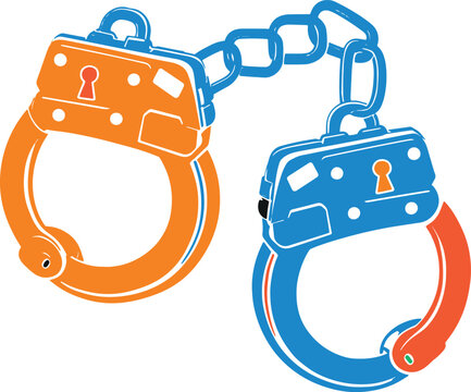 Two connected police handcuffs in blue and orange, law enforcement restraint device, symbols of justice, security, arrest, crime, legal system.