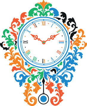 Ornate vintage wall clock with roman numerals, classic decorative design with elaborate floral swirls, elegant antique timepiece, sophisticated decor element.