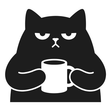  "Funny Black Cat Holding Mug Vector Illustration for Meme and Humorous Design"