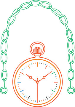 A stylized digital rendering of a classic pocket watch with an orange outline, detailed with colorful markers, suspended by a green chain against a transparent backdrop.