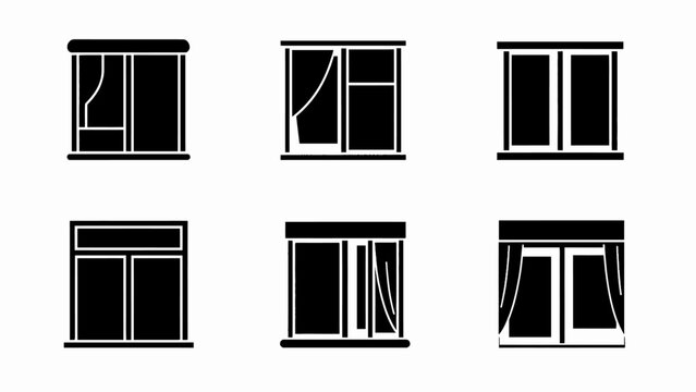 Set of six black silhouette window icons with curtains on white background