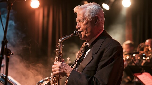 Tribute portrait of an older saxophonist in a dark suit, silver alto saxophone catching warm spotlights, black velvet curtains, brass section silhouettes, and a blurred concert stage behind him; smoke
