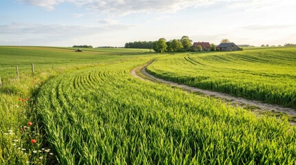 Naklejka premium A winding dirt road through a lush green field with a barn in the distance.