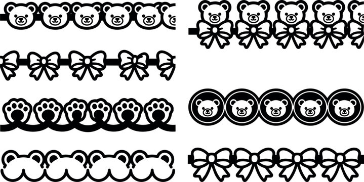 Black and white line art bear faces paws and bows borders seamless pattern