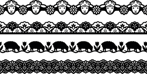 Fototapeta premium Black and white ornamental sheep and floral lace border patterns vector art