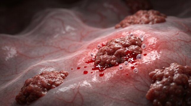 Microscopic 3D Render of Bleeding Ectopic Endometrial Lesions on Peritoneal Tissue