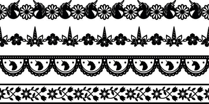 Black and white unicorn and floral lace borders vector art set