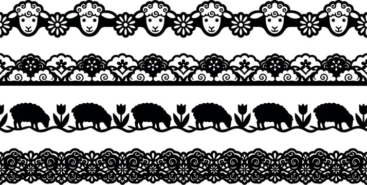 Black and white ornamental sheep and floral lace border patterns vector art
