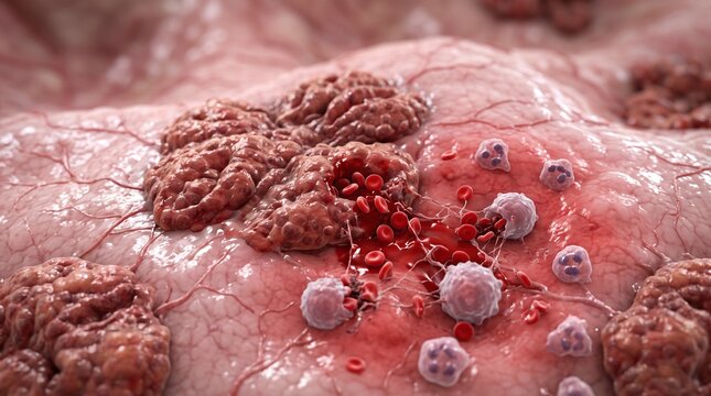 Microscopic View of Inflamed Ectopic Endometrial Tissue on the Peritoneum