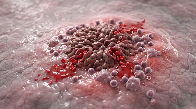 3D Microscopic Render of Endometrial Cells Bleeding on the Peritoneal Lining