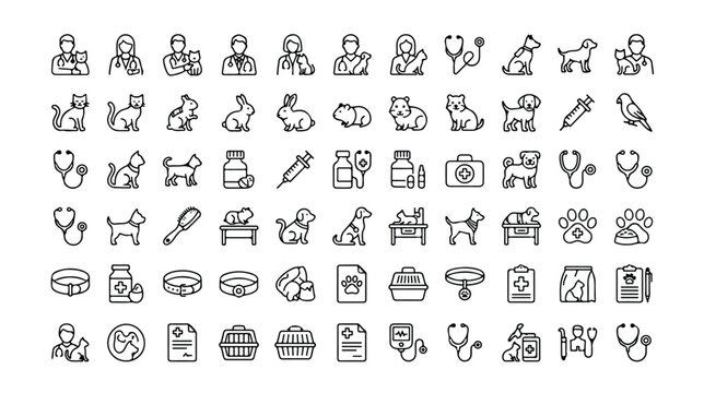 Set of 64 Black Line Pet Veterinary Healthcare Icons Vector