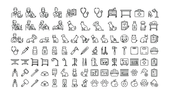 Set of 100 Veterinary Medicine Outline Icons Vector