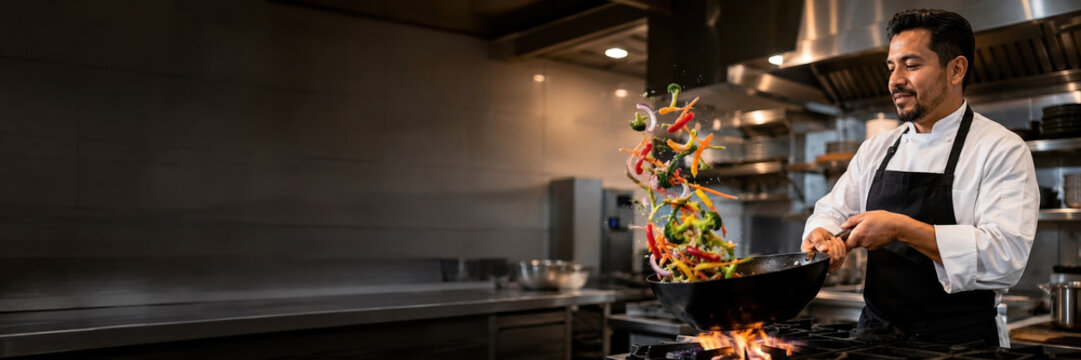 Chef tossing vegetables in a wok over high heat in a commercial kitchen. Focused culinary professional preparing a vibrant stir fry with visible flames and stainless steel background.
